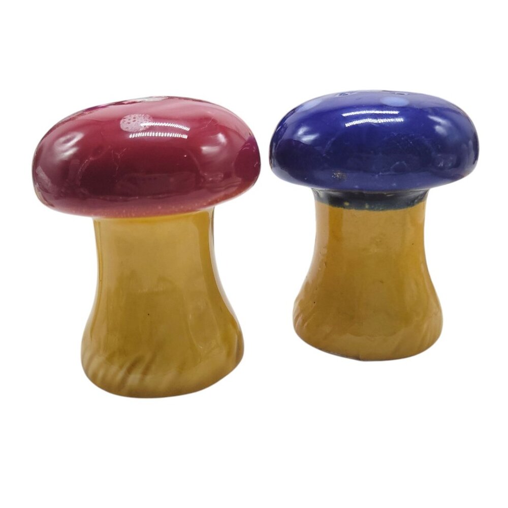 Vintage Ceramic Mushroom Salt & Pepper Shakers Japan Red & Blue Tops